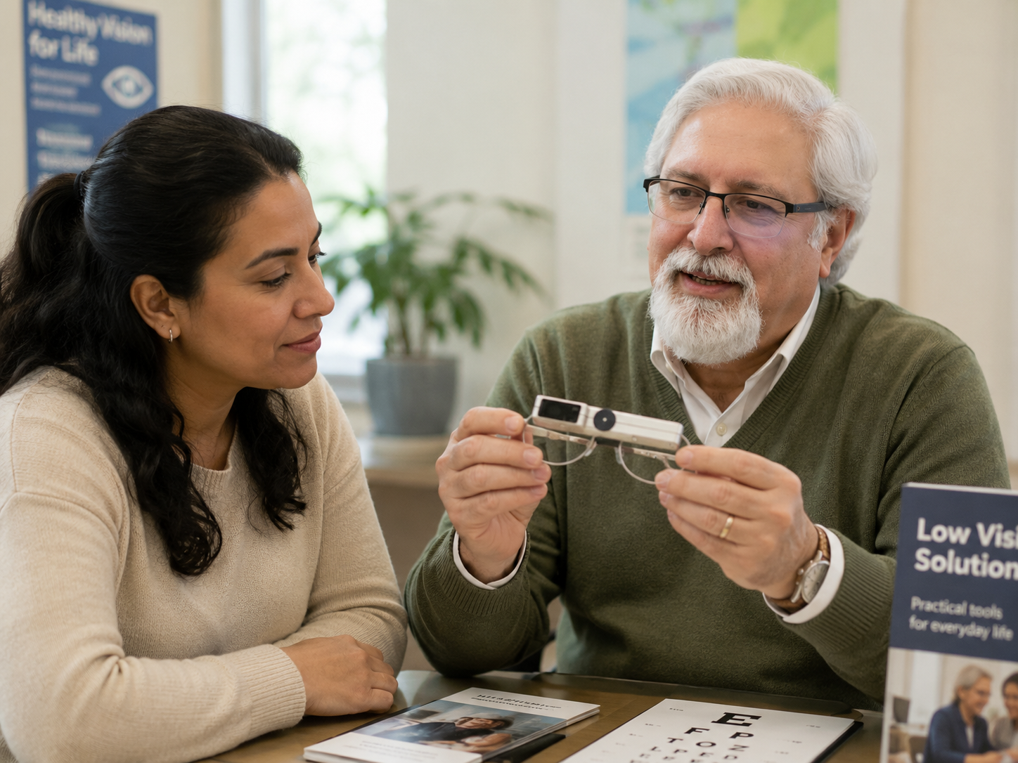 Dr. Siddiqui demonstrating a low vision device to a patient